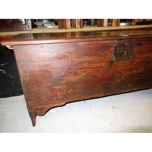 2338 - 17th Century oak plank coffer with hinged cover, 48.5ins x 15.5ins x 21ins high