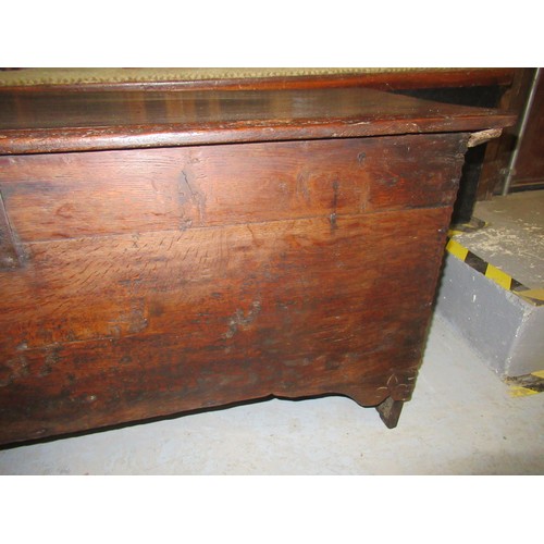 2338 - 17th Century oak plank coffer with hinged cover, 48.5ins x 15.5ins x 21ins high