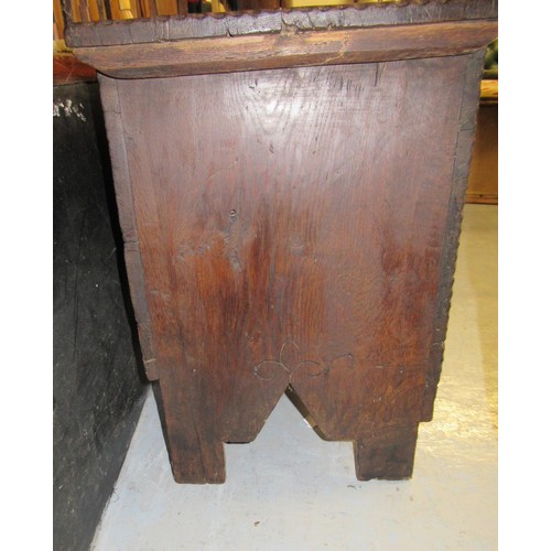 2338 - 17th Century oak plank coffer with hinged cover, 48.5ins x 15.5ins x 21ins high