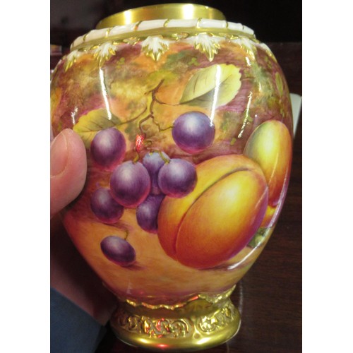 738 - Royal Worcester porcelain potpourri vase painted with fruit, signed R. Lewis with gilded crown form ... 