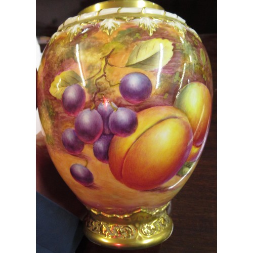 738 - Royal Worcester porcelain potpourri vase painted with fruit, signed R. Lewis with gilded crown form ... 