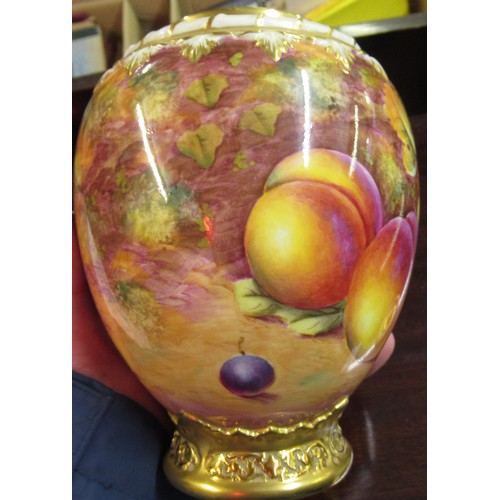 738 - Royal Worcester porcelain potpourri vase painted with fruit, signed R. Lewis with gilded crown form ... 