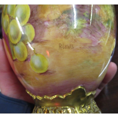 738 - Royal Worcester porcelain potpourri vase painted with fruit, signed R. Lewis with gilded crown form ... 