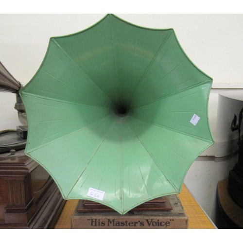 444 - Late 19th / early 20th Century oak cased table model gramophone, with green painted horn by The Gram... 