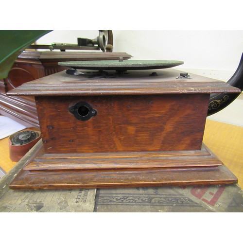 444 - Late 19th / early 20th Century oak cased table model gramophone, with green painted horn by The Gram... 