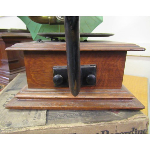 444 - Late 19th / early 20th Century oak cased table model gramophone, with green painted horn by The Gram... 