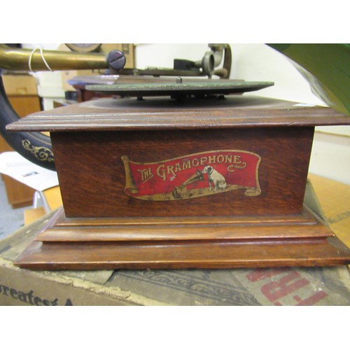 444 - Late 19th / early 20th Century oak cased table model gramophone, with green painted horn by The Gram... 