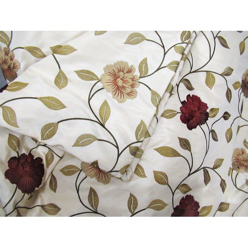 111 - Pair of large good quality all-over floral embroidered curtains on cream ground with linings, 45ins ... 