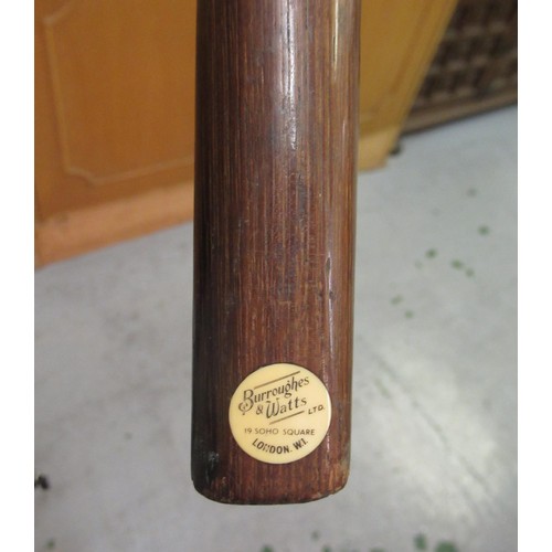 474 - Burroughs & Watts, snooker cue housed in a triangular toleware case