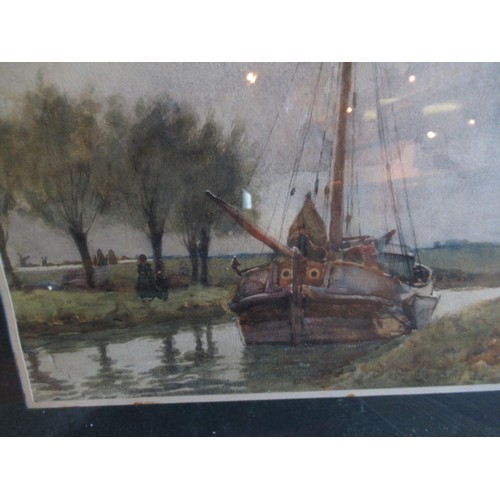 1496 - Robert Weir Allan watercolour, Dutch canal scene with moored boat, signed, gilt framed, 14ins x 20in... 