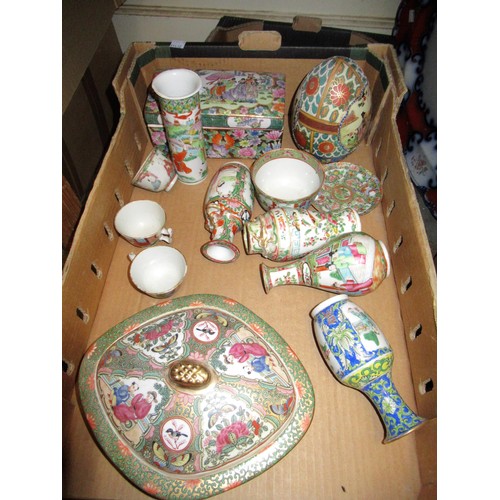 686 - Two boxes containing a large collection of various Chinese porcelain boxes, vases, teacups, teapots ... 