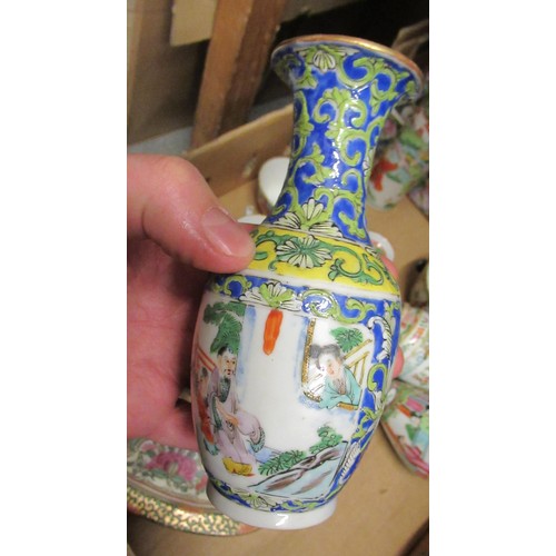 686 - Two boxes containing a large collection of various Chinese porcelain boxes, vases, teacups, teapots ... 