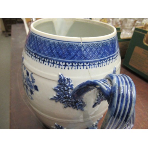 722 - Large 18th Century Chinese export blue and white barrel form jug, (at fault) 8.5ins high