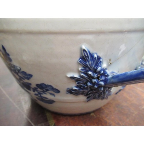 722 - Large 18th Century Chinese export blue and white barrel form jug, (at fault) 8.5ins high