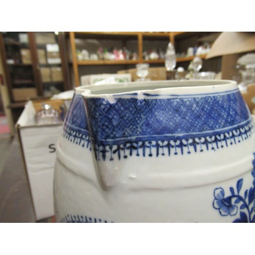 722 - Large 18th Century Chinese export blue and white barrel form jug, (at fault) 8.5ins high