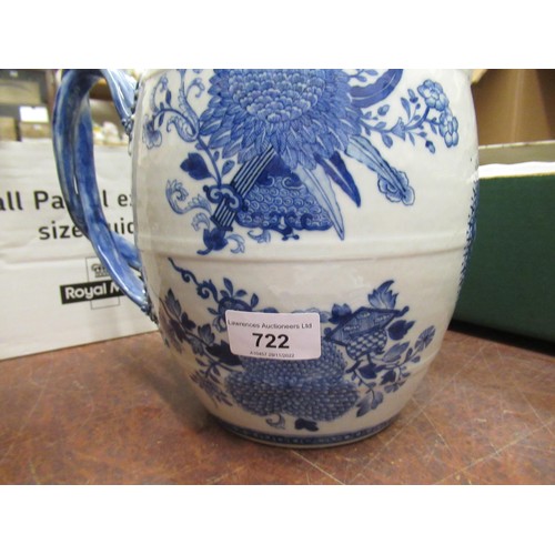 722 - Large 18th Century Chinese export blue and white barrel form jug, (at fault) 8.5ins high