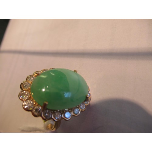 1388 - Large French 18ct yellow gold jade and diamond set cocktail ring, size 'O'