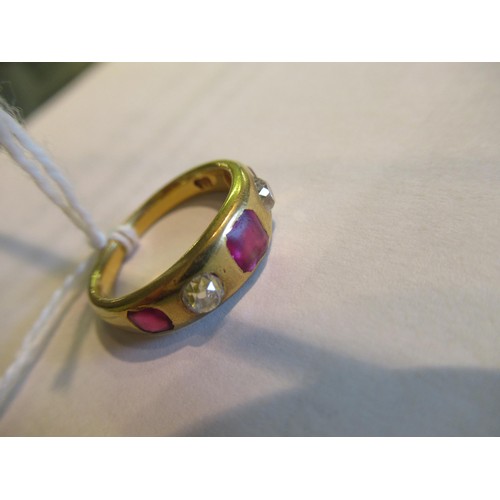 1427 - 19th Century gold five stone ruby and diamond set gypsy ring, 6g, size 'K.5'