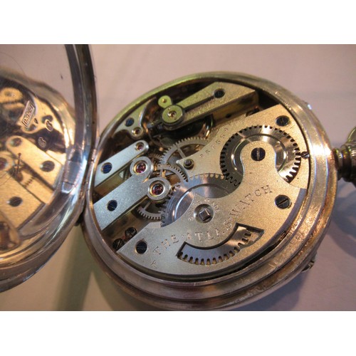 1266 - Silver cased goliath pocket watch with moonphase calendar dial in a silver mounted leather case with... 