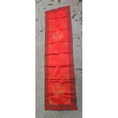 100 - Red Chinese table runner, blue tablecloth, six green place mats, cased pair of chopsticks and two sh... 