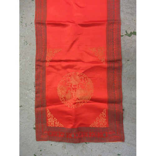 100 - Red Chinese table runner, blue tablecloth, six green place mats, cased pair of chopsticks and two sh... 