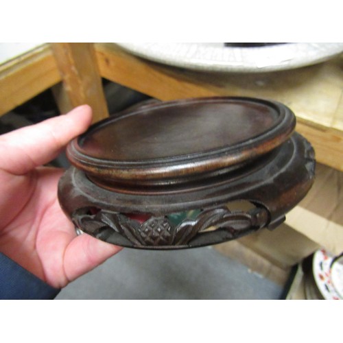 857 - Chinese crackleware shallow bowl, 15ins diameter, together four various hardwood stands