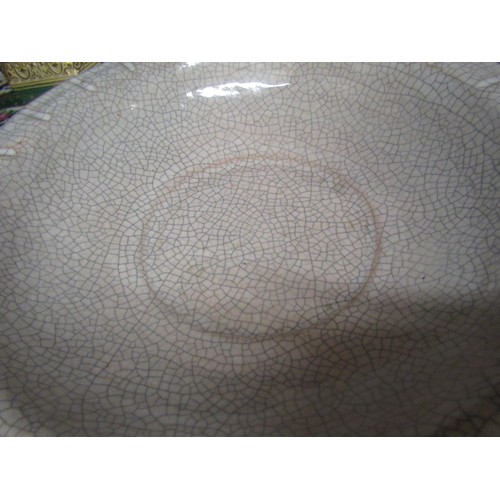 857 - Chinese crackleware shallow bowl, 15ins diameter, together four various hardwood stands