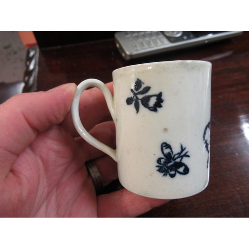 838 - Small 18th Century English mug, painted with flowers and a moth, 2.5ins high