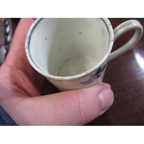 838 - Small 18th Century English mug, painted with flowers and a moth, 2.5ins high