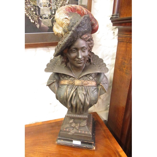 1733 - Spelter bust of a lady, signed to the reverse Cochi, on a wooden base, 65cms high