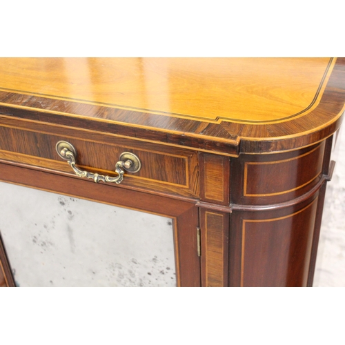 1735 - Mahogany inlaid and crossbanded side cabinet having single drawer with brass swan neck handles, abov... 