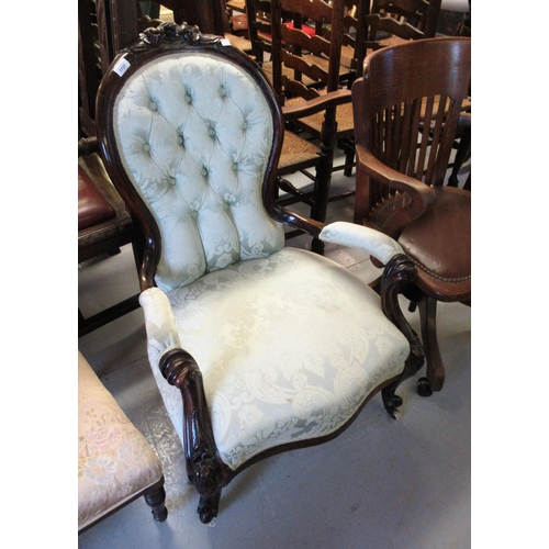 1737 - 19th Century mahogany spoon back open armchair having green damask button upholstered back, overstuf... 