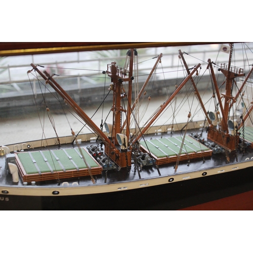 210 - Scale model of Eumaeus 7.308GT built Baltimore 1943 in a mahogany and glazed display case, 43cms hig... 