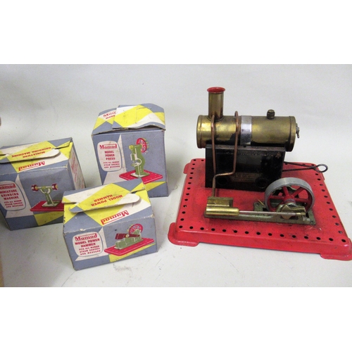 218 - Mamod stationary engine with burner, and three boxed miniature power press hammer and grinding machi... 