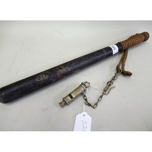 225 - 19th Century ebonised truncheon with turned wooden handle, with remnants of painted crest, together ... 