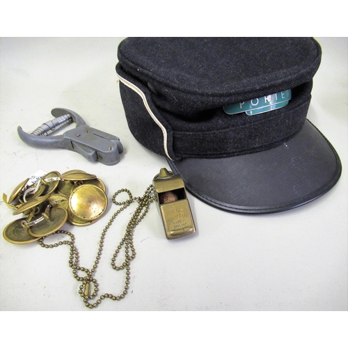 260 - Railway porters hat with whistle and ticket punch, and set of twelve Firkin gilt metal buttons