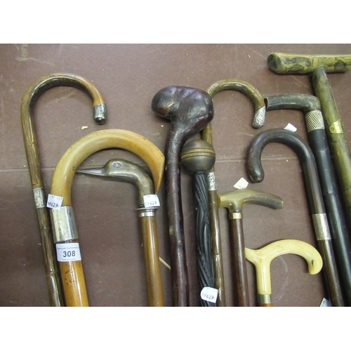 308 - Collection of eleven various walking sticks, some with silver mounts