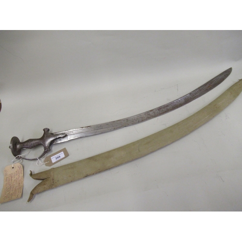 399 - Antique Indian tulwar with steel grip and curved blade having canvas covered sheath