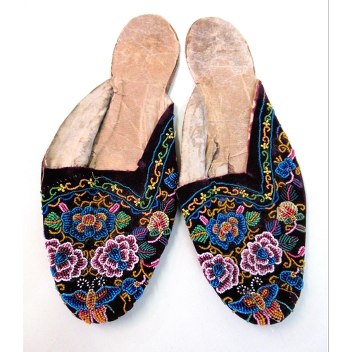 61 - Pair of antique beadwork slippers, together with a Chinese silk embroidered sleeve panel, 54cms x 10... 