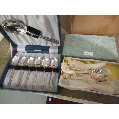 720 - Oak cased set of six plated dessert knives and forks, with two other sets of plated flatware, boxed