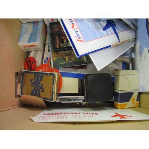 196 - Box containing a quantity of airline collectables, postcards and boxed models including Dan-Air, Lak... 