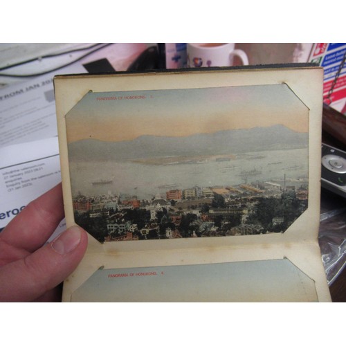 333 - Small Eastern lacquered postcard album containing views of Hong Kong and two painted postcards, toge... 