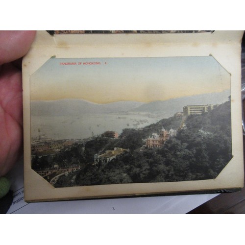 333 - Small Eastern lacquered postcard album containing views of Hong Kong and two painted postcards, toge... 