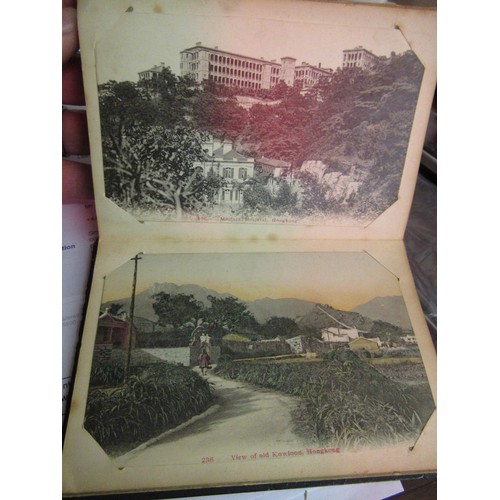 333 - Small Eastern lacquered postcard album containing views of Hong Kong and two painted postcards, toge... 