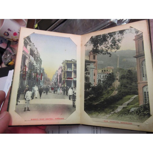 333 - Small Eastern lacquered postcard album containing views of Hong Kong and two painted postcards, toge... 