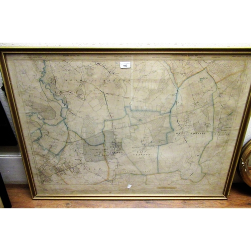 102 - Large gilt framed map, ' Parts of Surrey ', Second Edition 1897, printed by Ordnance Survey, 61cms x... 