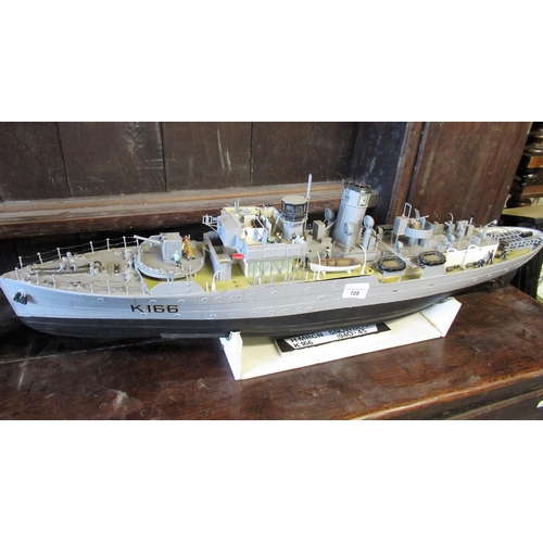 109 - Scale model of HMCS Snowberry K166 1940/45 on stand, 35 x 87cms long