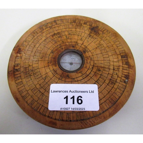 116 - Chinese circular wooden compass, 11.5cms diameter