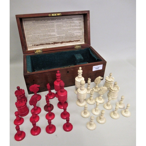 117 - 19th Century natural and red stained bone chess set, height of king 10.5cms, height of pawn 4cms, in... 