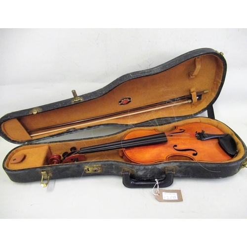 120B - 12.5in Student violin bearing labels with a bow, in an American case by Lifton